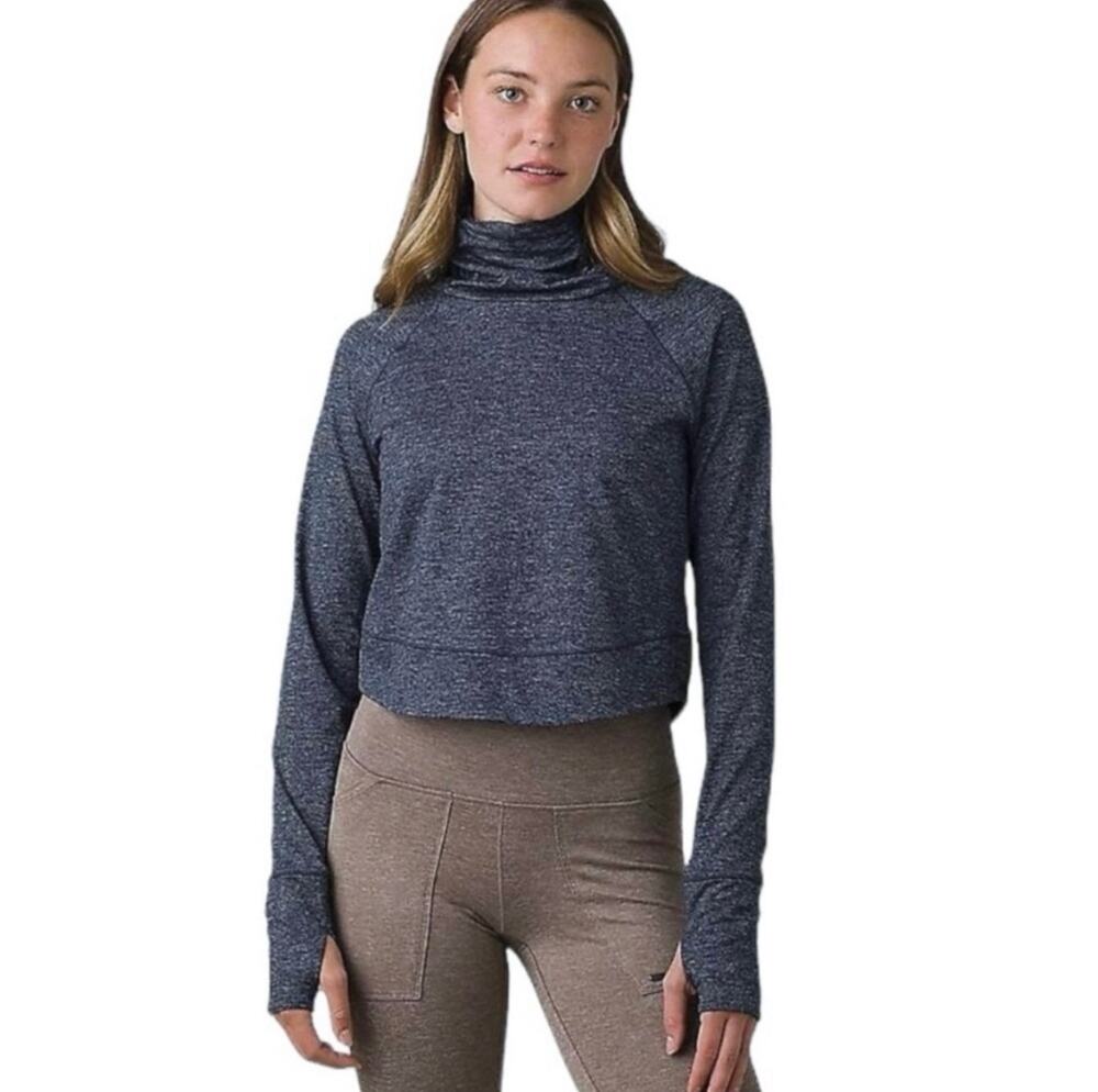 Prana Women’s Zawn Funnel Neck Top Nautical Gray Blue Thumbholes Size S